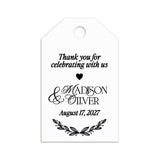 XOXOKristen Foliage Thank You Tags with black calligraphy text and laurel leaf design — personalized and custom wedding favor tags.