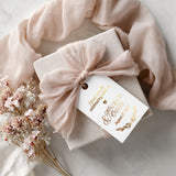 XOXOKristen Foliage Thank You Tags printed in shiny gold foil with heart and botanical leaf detail — personalized and custom foil tags for elegant weddings.