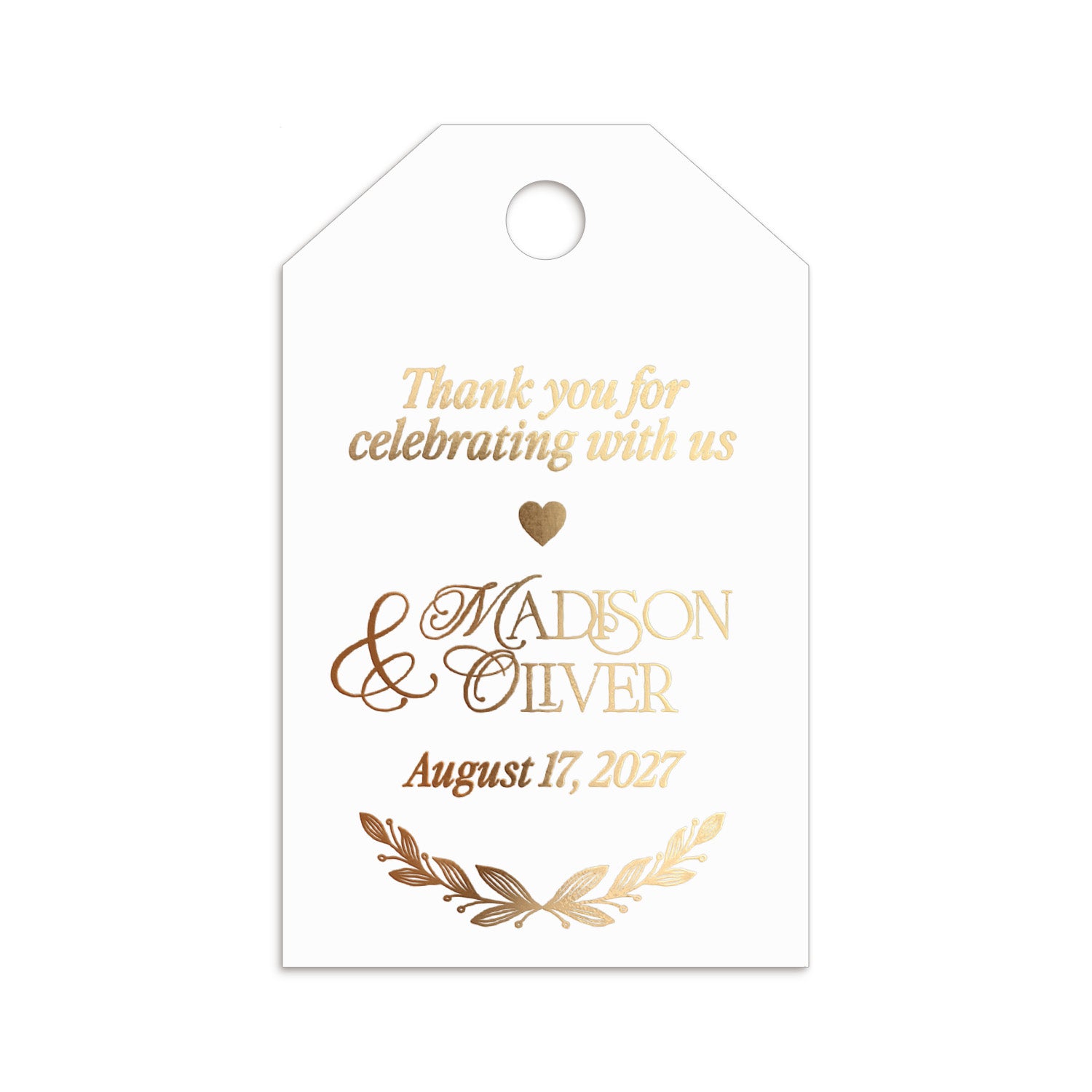 XOXOKristen Foliage Thank You Tags printed in shiny gold foil with heart and botanical leaf detail — personalized and custom foil tags for elegant weddings.