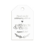 XOXOKristen Foliage Thank You Tags in silver foil with refined typography and laurel branch — perfect personalized and custom wedding thank-you tags.