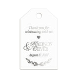 XOXOKristen Foliage Thank You Tags in silver foil with refined typography and laurel branch — perfect personalized and custom wedding thank-you tags.