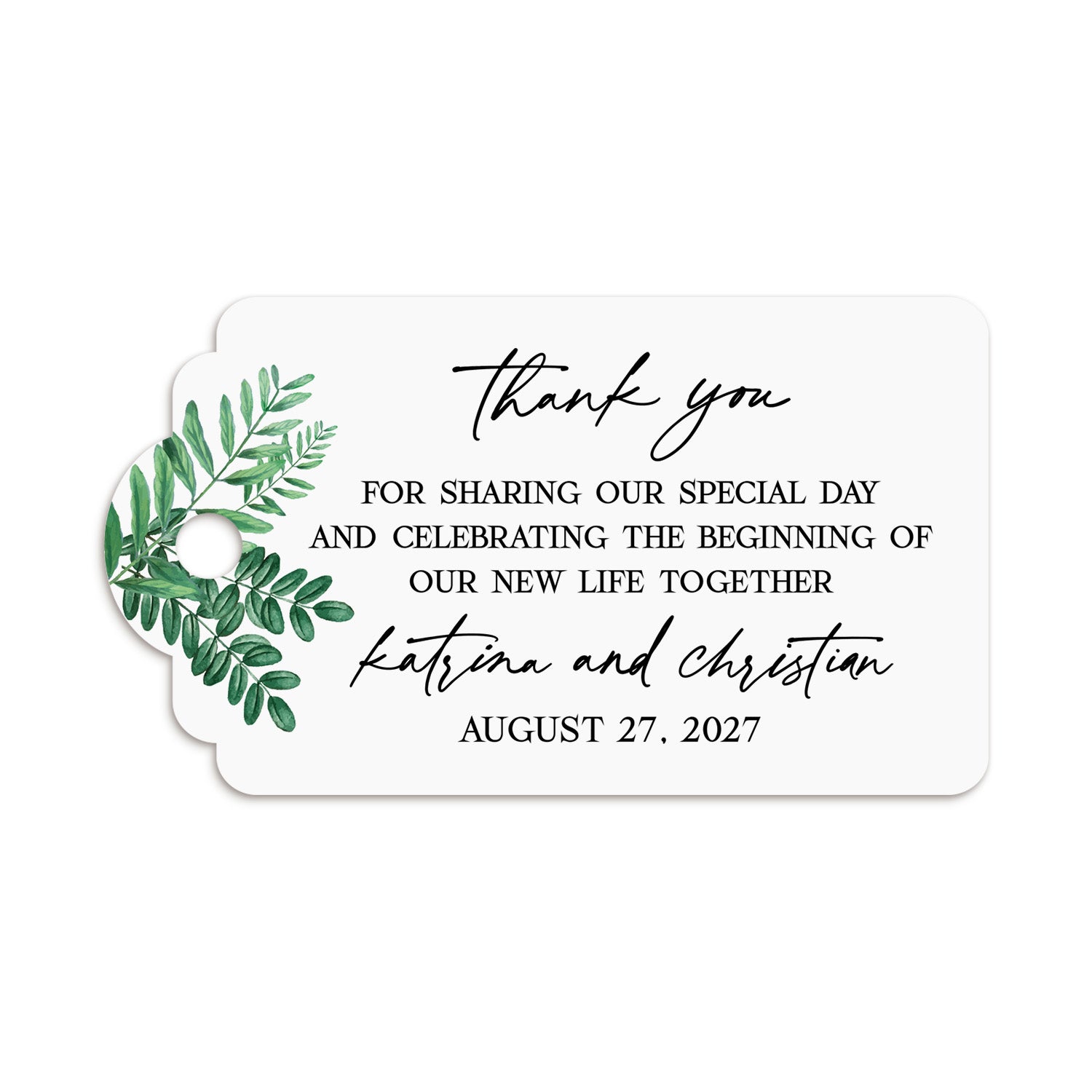 XOXOKristen Greenery Wedding Thank You Tag with printed text “Thank you for sharing our special day and celebrating the beginning of our new life together” — personalized and custom wedding favor tag with botanical greenery.