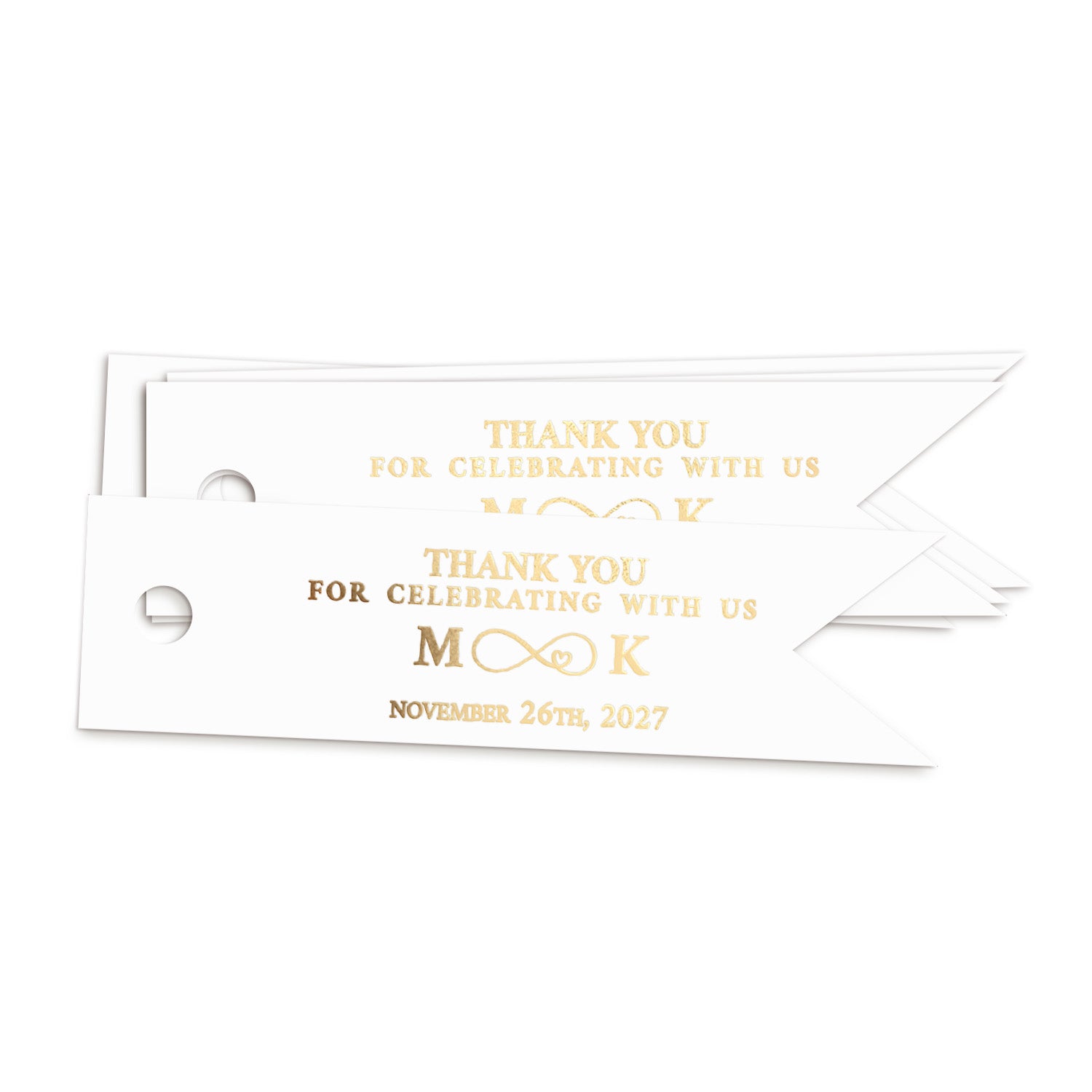 XOXOKristen rose gold foil thank-you tag printed on smooth matte cardstock with “Thank you for celebrating with us” and an infinity icon, combining modern elegance with soft metallic warmth — ideal for gift boxes and wedding décor.