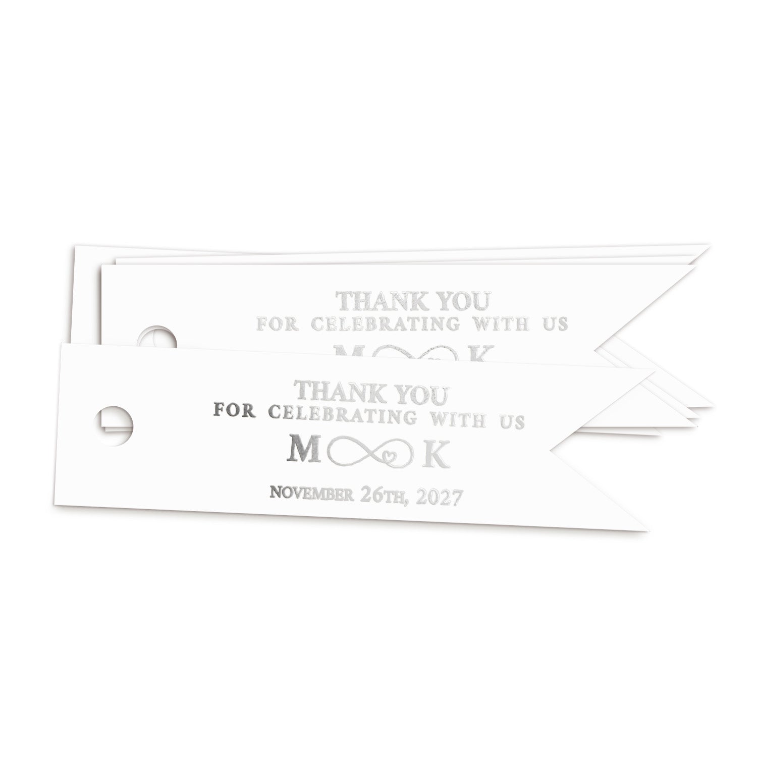 XOXOKristen silver foil personalized flag-shaped tag featuring “Thank you for celebrating with us” in elegant serif font with a delicate infinity heart symbol — perfect for wedding or anniversary favors.