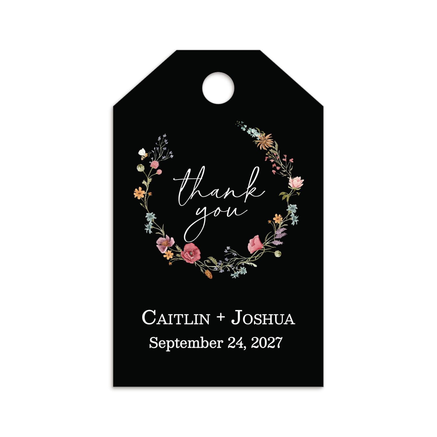Elegant Black Wedding Favor Tags with delicate pastel floral wreath and white “thank you” script, personalized for modern weddings. XOXOKristen