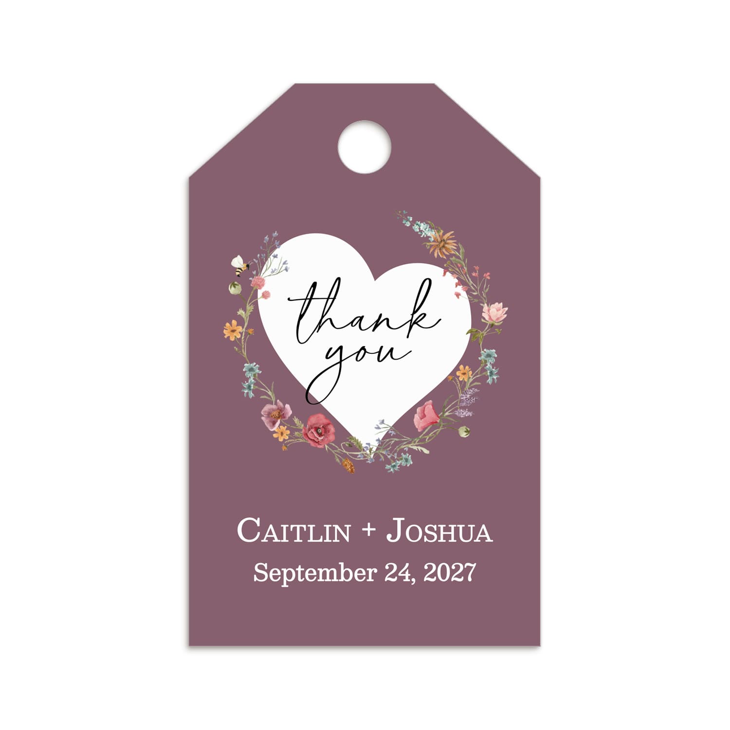 XOXOKristen Mauve Favor Tags with Wildflowers featuring a white heart center with the printed text “thank you” in elegant script, surrounded by a delicate floral wreath of pastel wildflowers on a soft mauve background. Perfect for adding a romantic touch to personalized wedding favors.