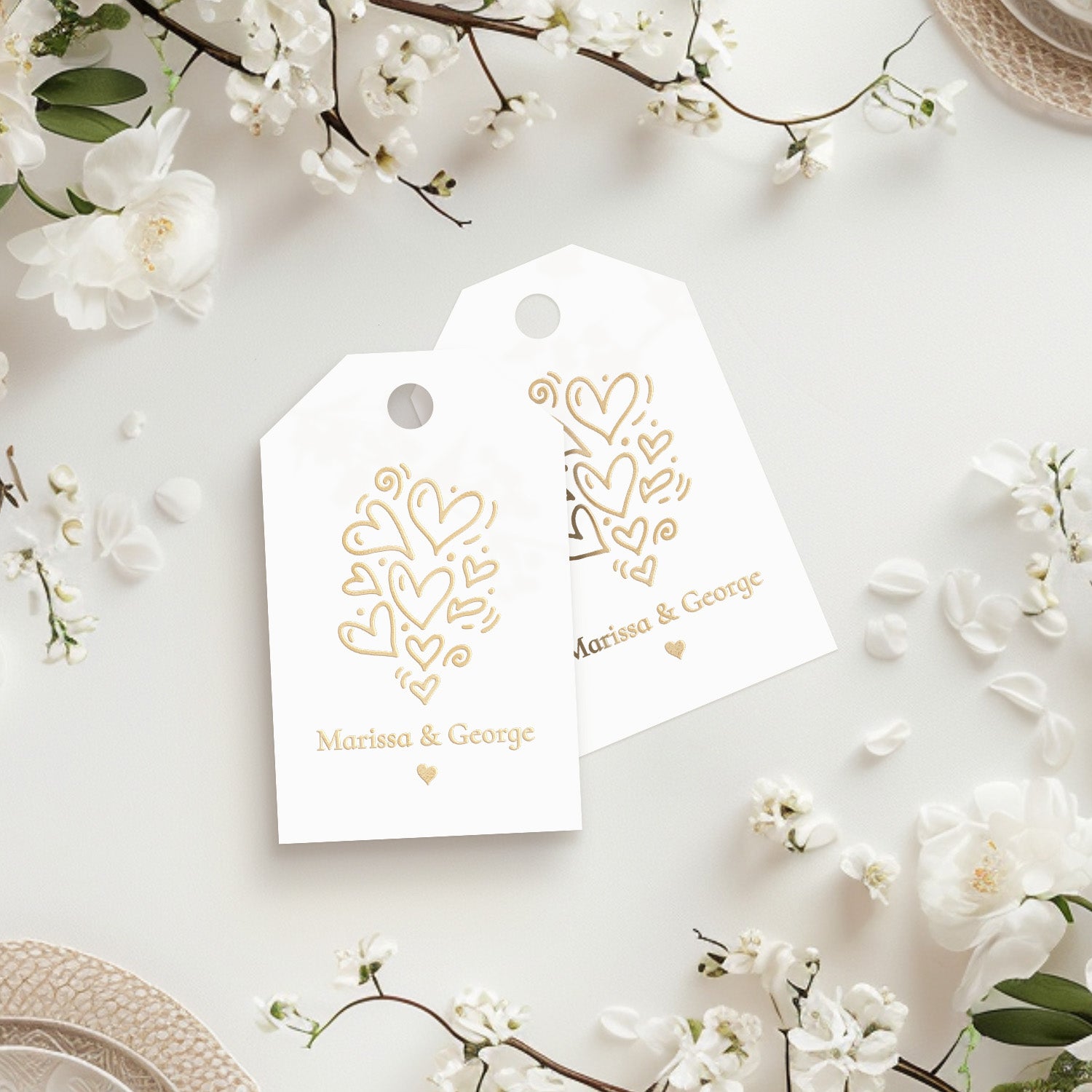 XOXOKristen Doodle Heart Thank You Tags printed in metallic gold foil featuring playful doodle hearts and personalized design — custom thank-you favor tags.