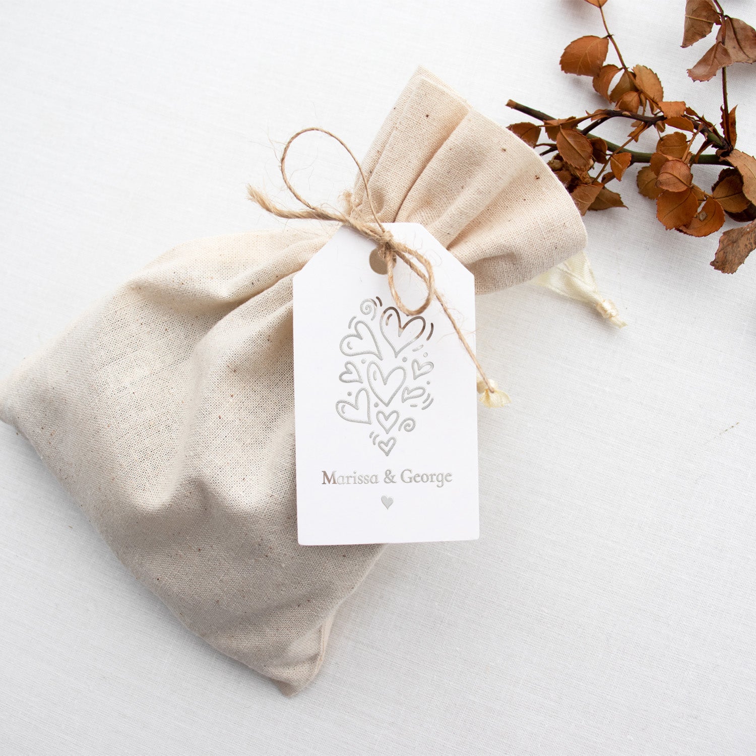 XOXOKristen Doodle Heart Thank You Tags in silver foil, showcasing whimsical hand-drawn hearts — personalized and custom foil gift or wedding favor tags.