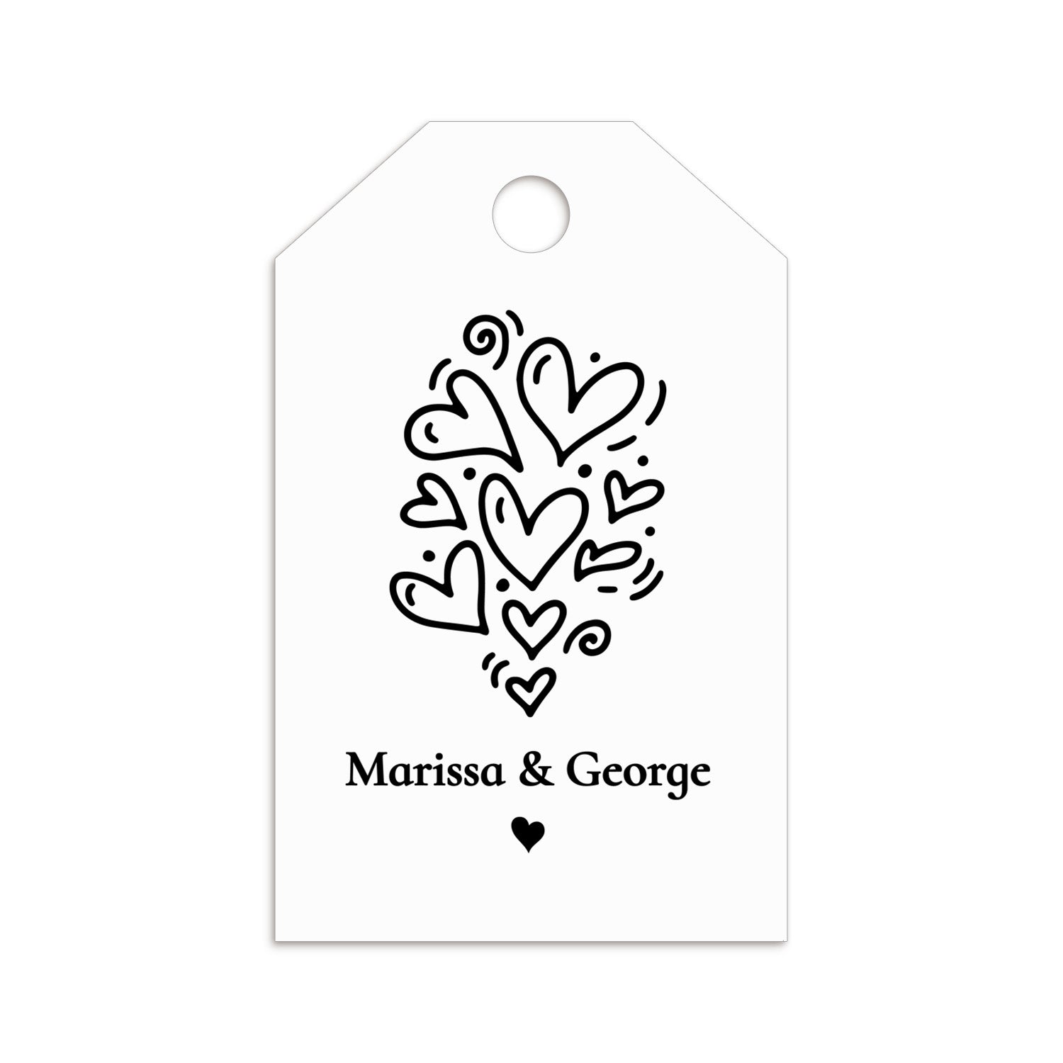 XOXOKristen Doodle Heart Thank You Tags with black hand-drawn heart cluster and personalized text — custom wedding favor tags.