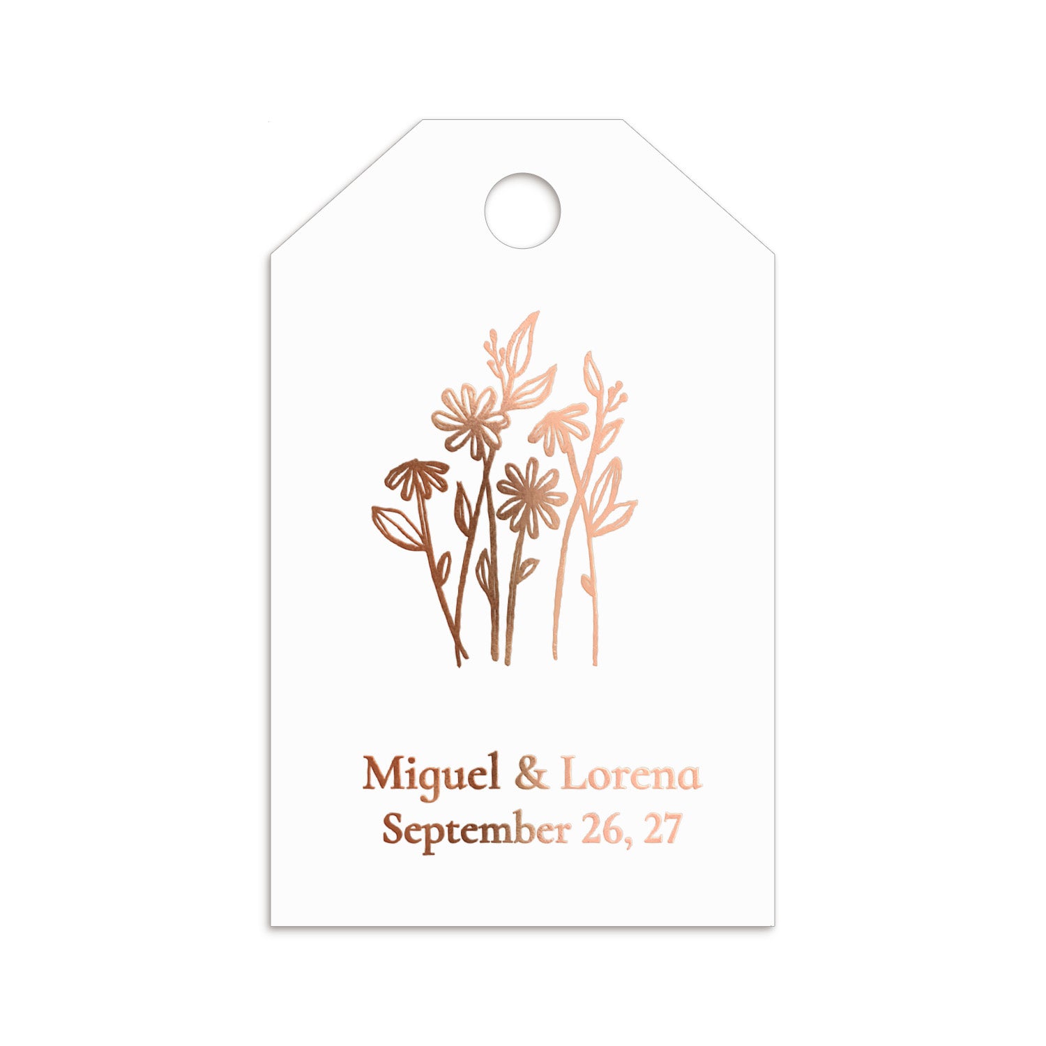 XOXOKristen Floral Line Art Thank You Tags in romantic rose gold foil with botanical flower line art — custom foil thank-you tags for weddings or events.