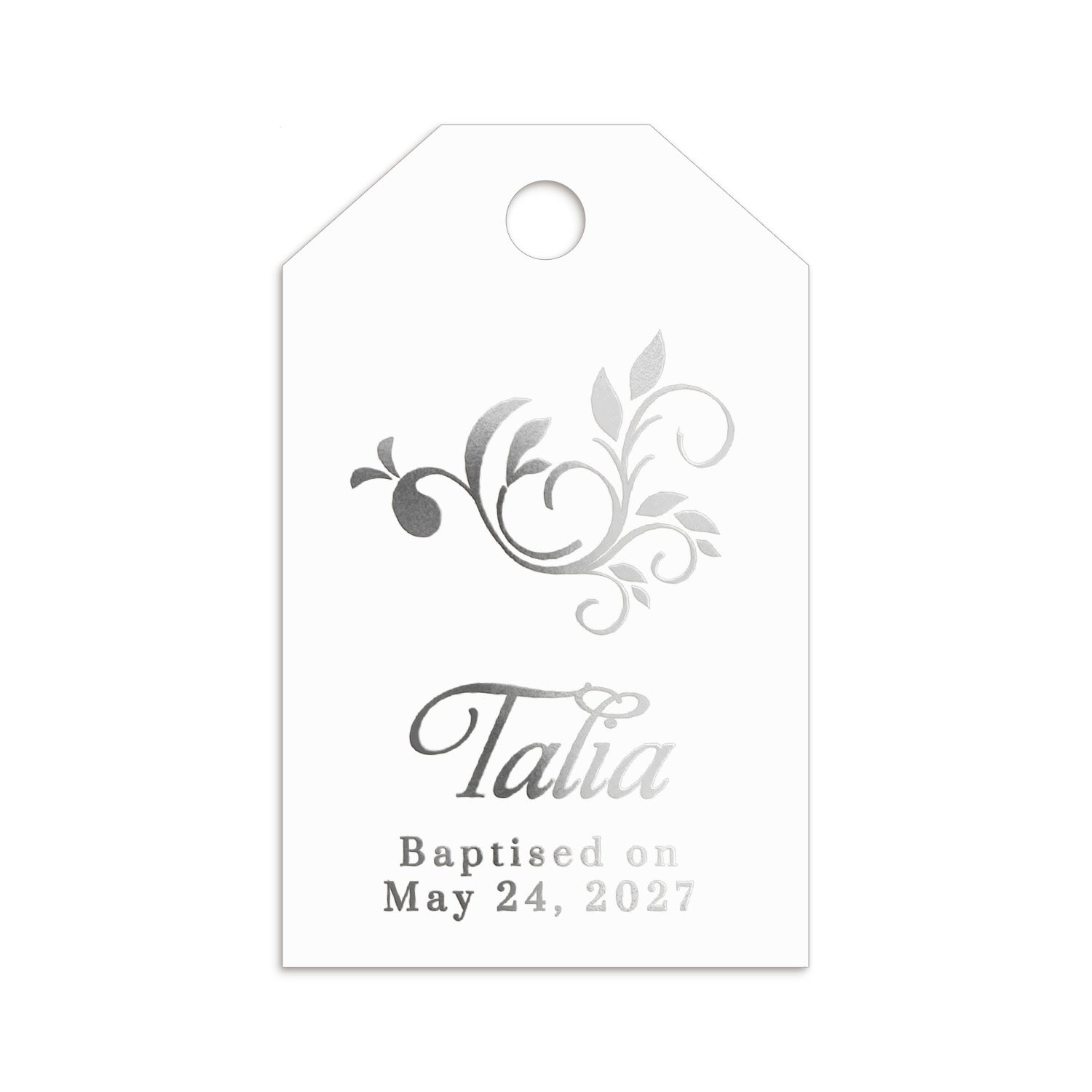 XOXOKristen Ornate Baptism Favor Tag in silver foil with classic ornamental design — personalized and custom foil favor tag for baptisms or christenings.
