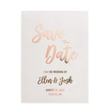 XOXOKristen personalized Save the Date card on translucent vellum featuring rose gold foil lettering, elegant cursive typography, and minimalist design – XOXOKristen.