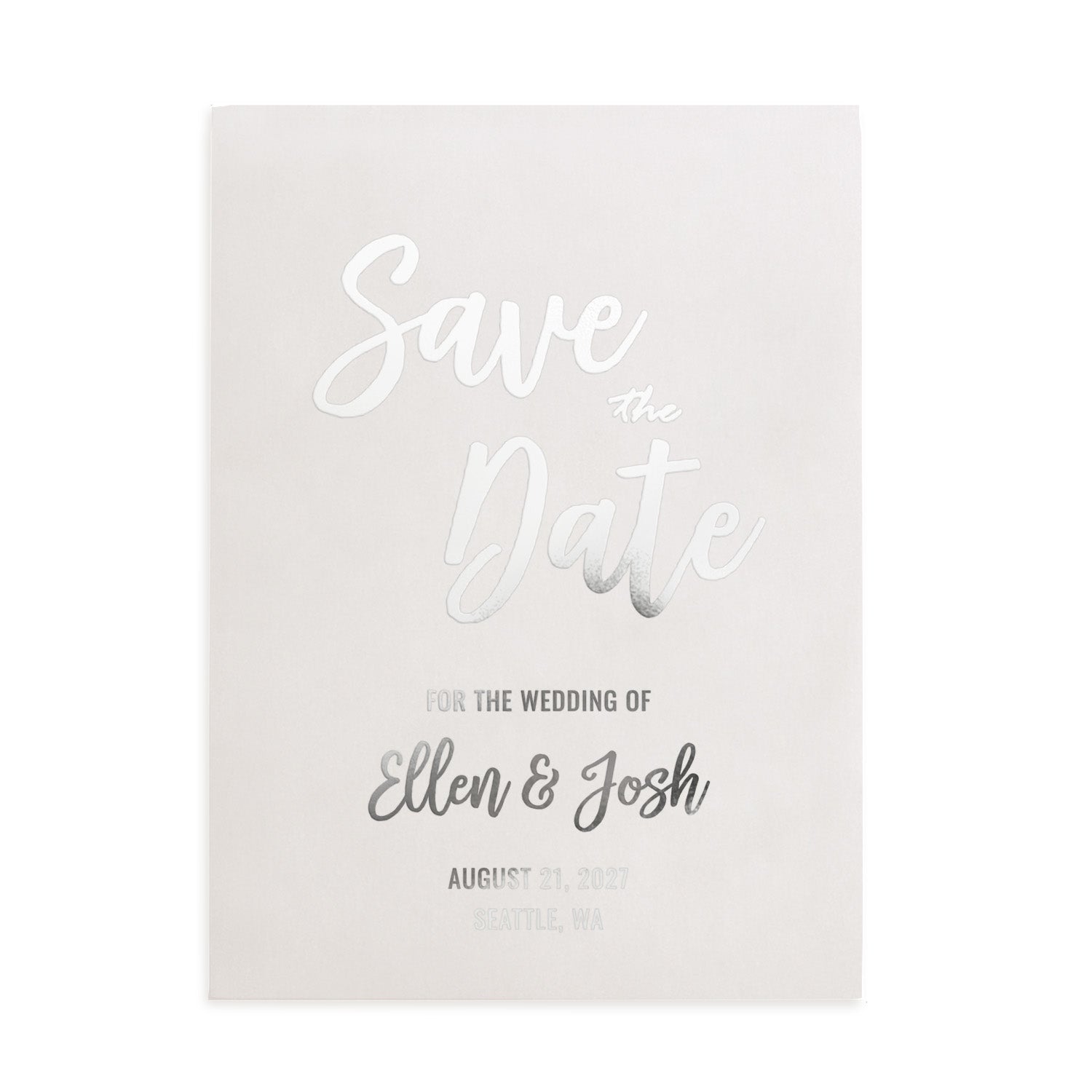XOXOKristen minimalist Save the Date card with reflective silver foil print on smooth vellum, combining script and serif fonts for luxurious wedding style – XOXOKristen.