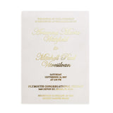 vellum wedding invitation printed with metallic gold foil lettering, combining serif and script typography on transparent frosted paper, ideal for luxury weddings and sophisticated stationery collections – XOXOKristen
