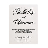 Minimalist vellum wedding invitation printed in bold black ink on translucent vellum cardstock. Elegant modern typography in mixed serif and calligraphy fonts, paired with a white matte envelope, perfect for contemporary weddings. - XOXOKristen