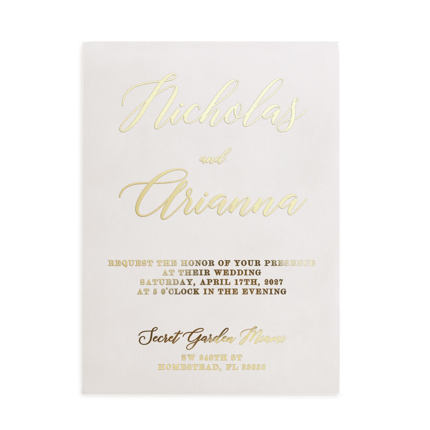 Luxury vellum invitation featuring shimmering gold foil text on smooth translucent cardstock. Clean layout with modern typography and a matching white envelope included, perfect for formal wedding stationery. - XOXOKristen