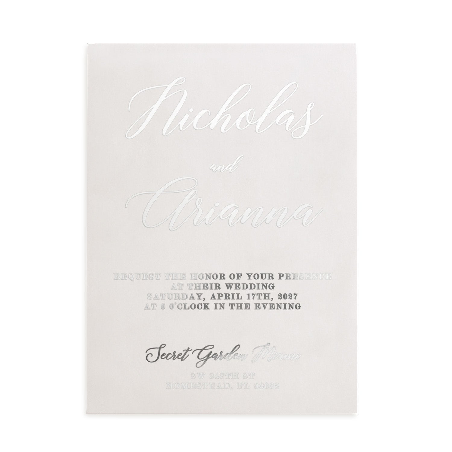 Translucent vellum wedding invitation showcasing silver foil details and refined calligraphy typography. The minimalist design highlights metallic shimmer and smooth vellum finish, suitable for luxury events. - XOXOKristen