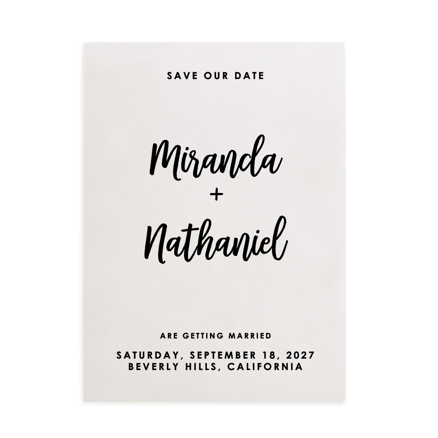 Frosted vellum Save the Date card printed in bold black ink with clean modern layout and large calligraphy names – XOXOKristen