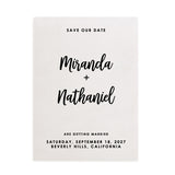 Frosted vellum Save the Date card printed in bold black ink with clean modern layout and large calligraphy names – XOXOKristen