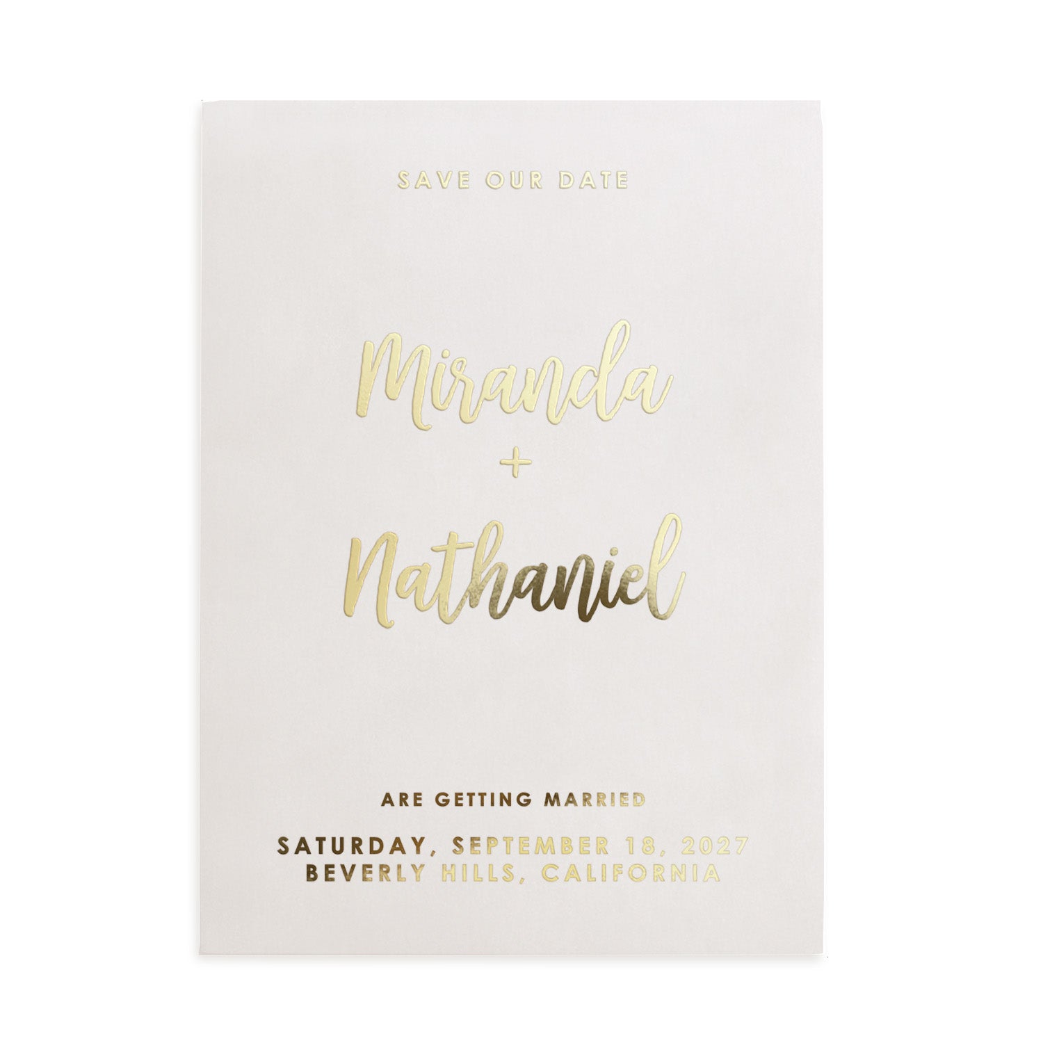 Elegant vellum Save the Date card featuring metallic gold foil names and modern typography, perfect for contemporary weddings – XOXOKristen