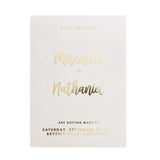 Elegant vellum Save the Date card featuring metallic gold foil names and modern typography, perfect for contemporary weddings – XOXOKristen