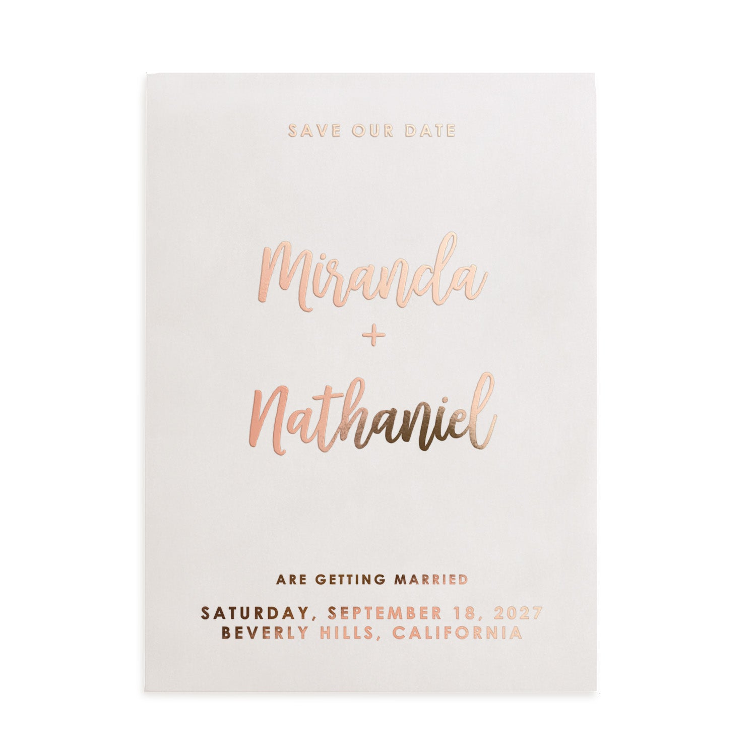 Frosted vellum Save the Date card with rose-gold foil accents, minimalist design, and elegant typeface – XOXOKristen