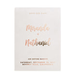 Frosted vellum Save the Date card with rose-gold foil accents, minimalist design, and elegant typeface – XOXOKristen