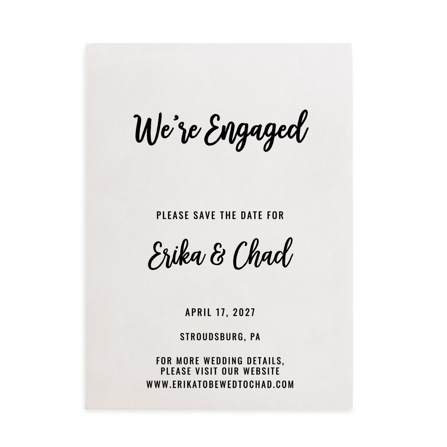 A minimalist vellum engagement Save the Date card shown flat on a white background. The text reads “We’re Engaged – Please save the date for” with space for names and a wedding website line below. Printed in sleek black ink for a timeless monochrome look - XOXOKristen