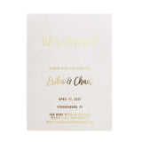 A gold foiled vellum card displayed on a clean, neutral surface. The warm metallic shine of the gold text stands out against the translucent background, creating a sense of luxury and modern celebration - XOXOKristen