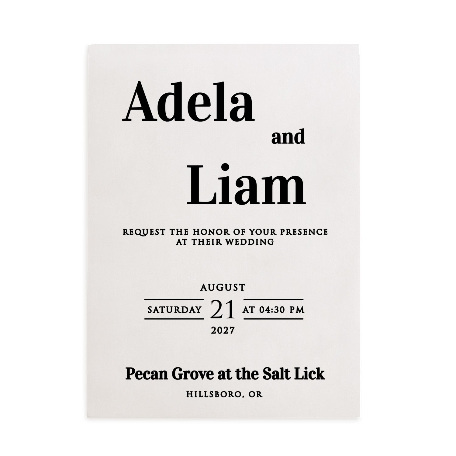 A translucent vellum wedding invitation printed in black ink with bold serif typography and minimalist design layout. The text is centered and clean, giving the invitation a timeless, contemporary look. Includes an elegant white envelope. Perfect for formal or modern weddings – XOXOKristen.