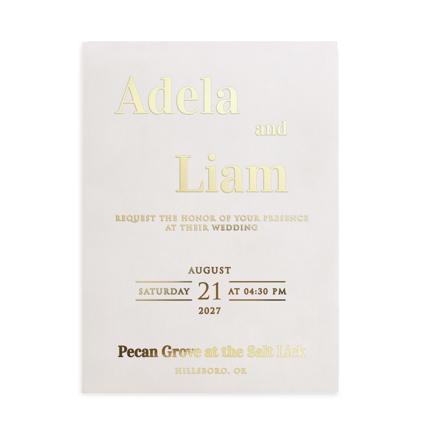 A minimalist vellum wedding invitation with elegant typography and structured text alignment. Printed in gold foil on semi-transparent vellum, paired with a matching envelope for a polished and classic wedding presentation – XOXOKristen.