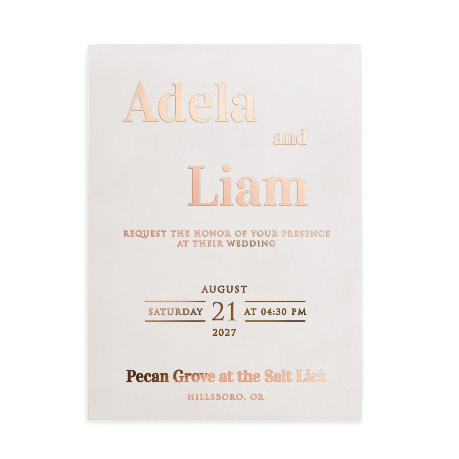 A translucent vellum wedding invitation printed in elegant rose gold foil, displayed on neutral tones with dried floral accents. The shimmering foil reflects the sunlight beautifully, emphasizing the romantic and delicate nature of this wedding stationery – XOXOKristen.