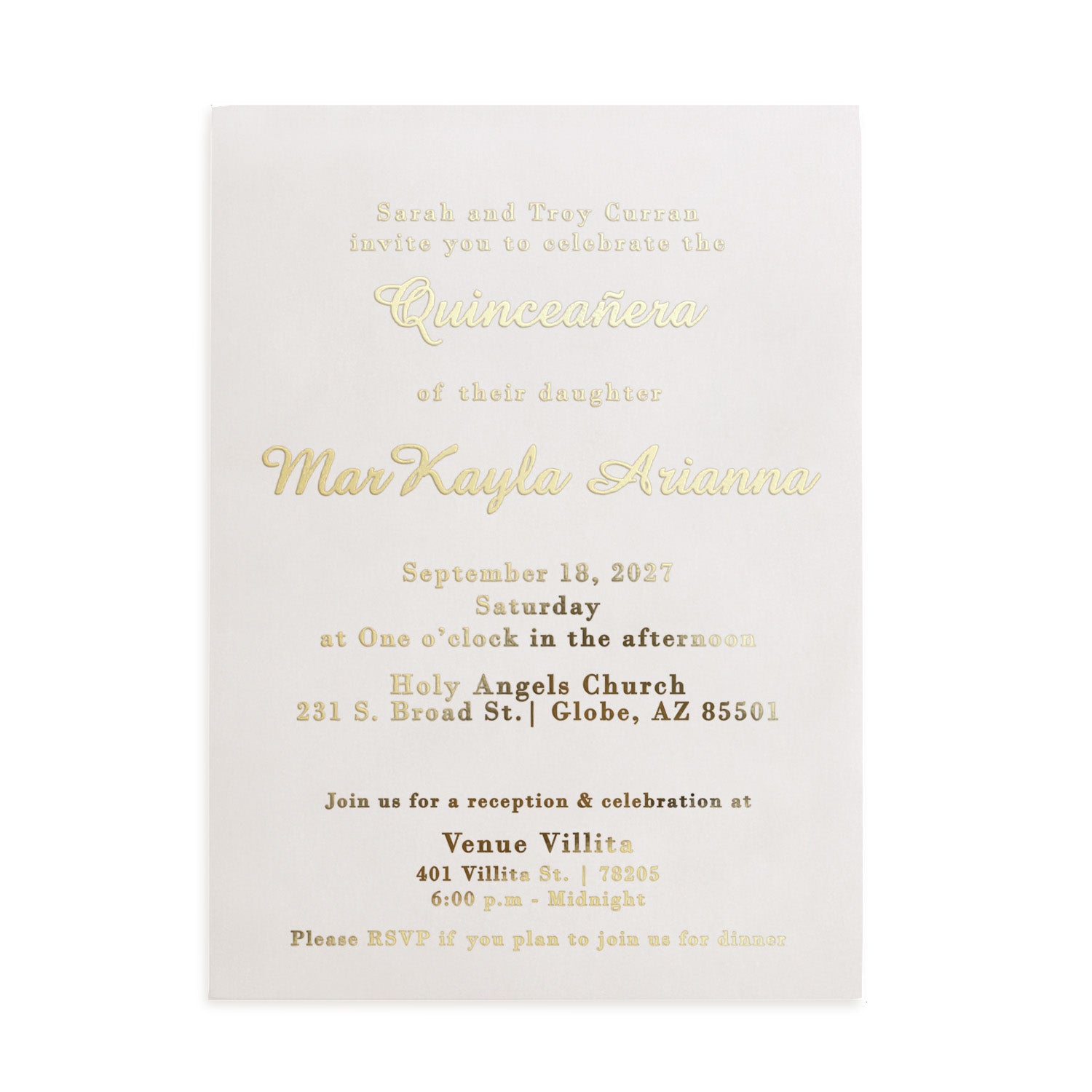 XOXOKristen personalized vellum quinceañera invitation printed in metallic gold foil, photographed against a smooth ivory background. The card showcases premium foil typography with clean calligraphy, combining luxury and tradition for the perfect 15th birthday invitation design. Ideal for formal quinceañera themes in gold and neutral tones, with a refined modern feel.