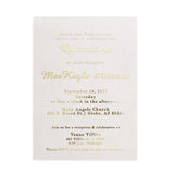 XOXOKristen personalized vellum quinceañera invitation printed in metallic gold foil, photographed against a smooth ivory background. The card showcases premium foil typography with clean calligraphy, combining luxury and tradition for the perfect 15th birthday invitation design. Ideal for formal quinceañera themes in gold and neutral tones, with a refined modern feel.