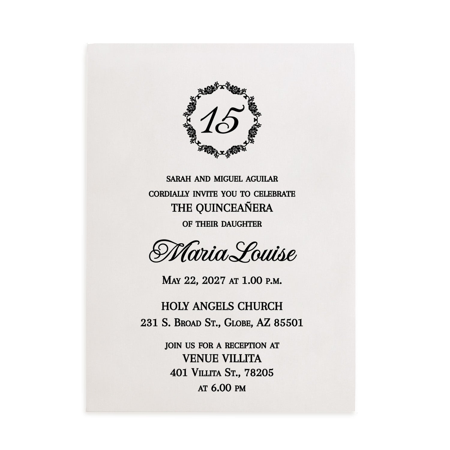 XOXOKristen personalized vellum quinceañera invitation printed with elegant black ink, featuring classic typography and decorative corner frame design, perfect for 15th birthday celebration.