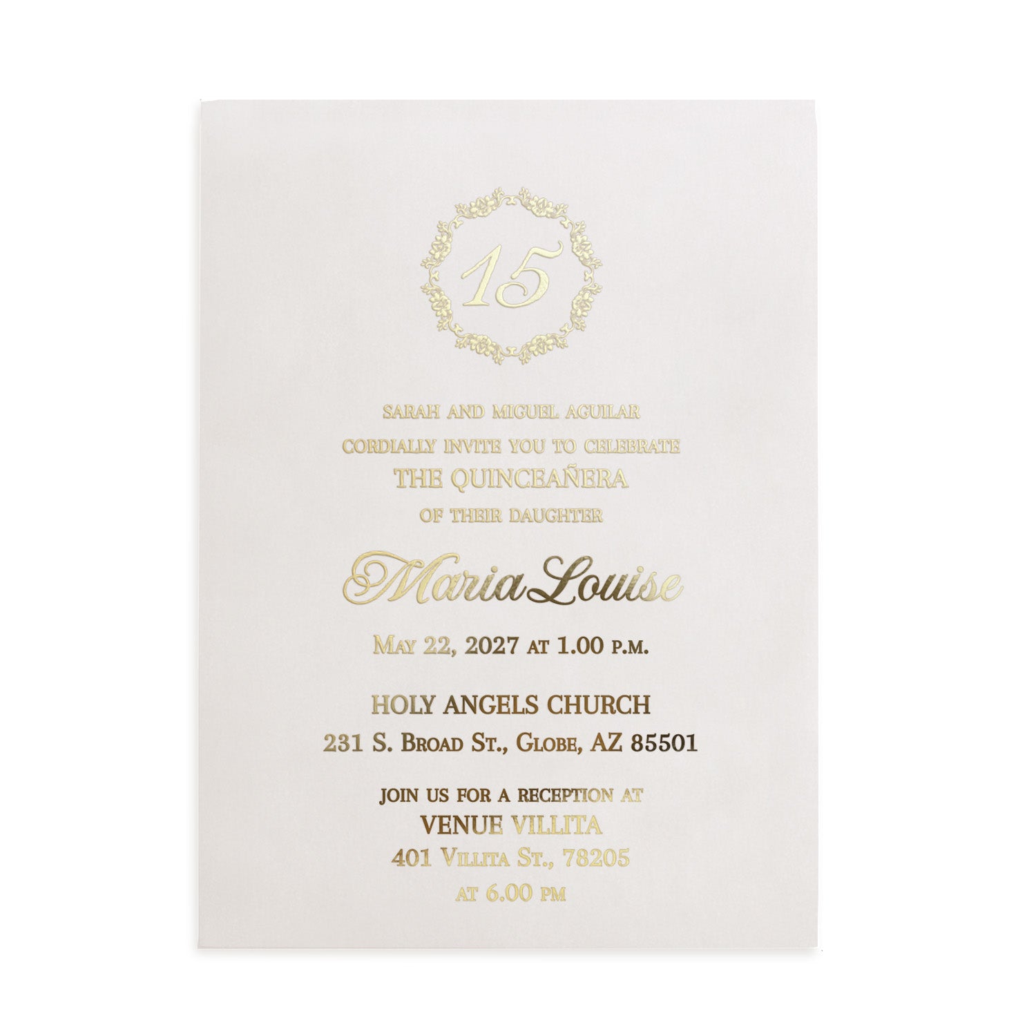 XOXOKristen gold foil quinceañera invitation on frosted vellum cardstock, showcasing “15” wreath design and elegant fonts, ideal for luxury 15th birthday party.
