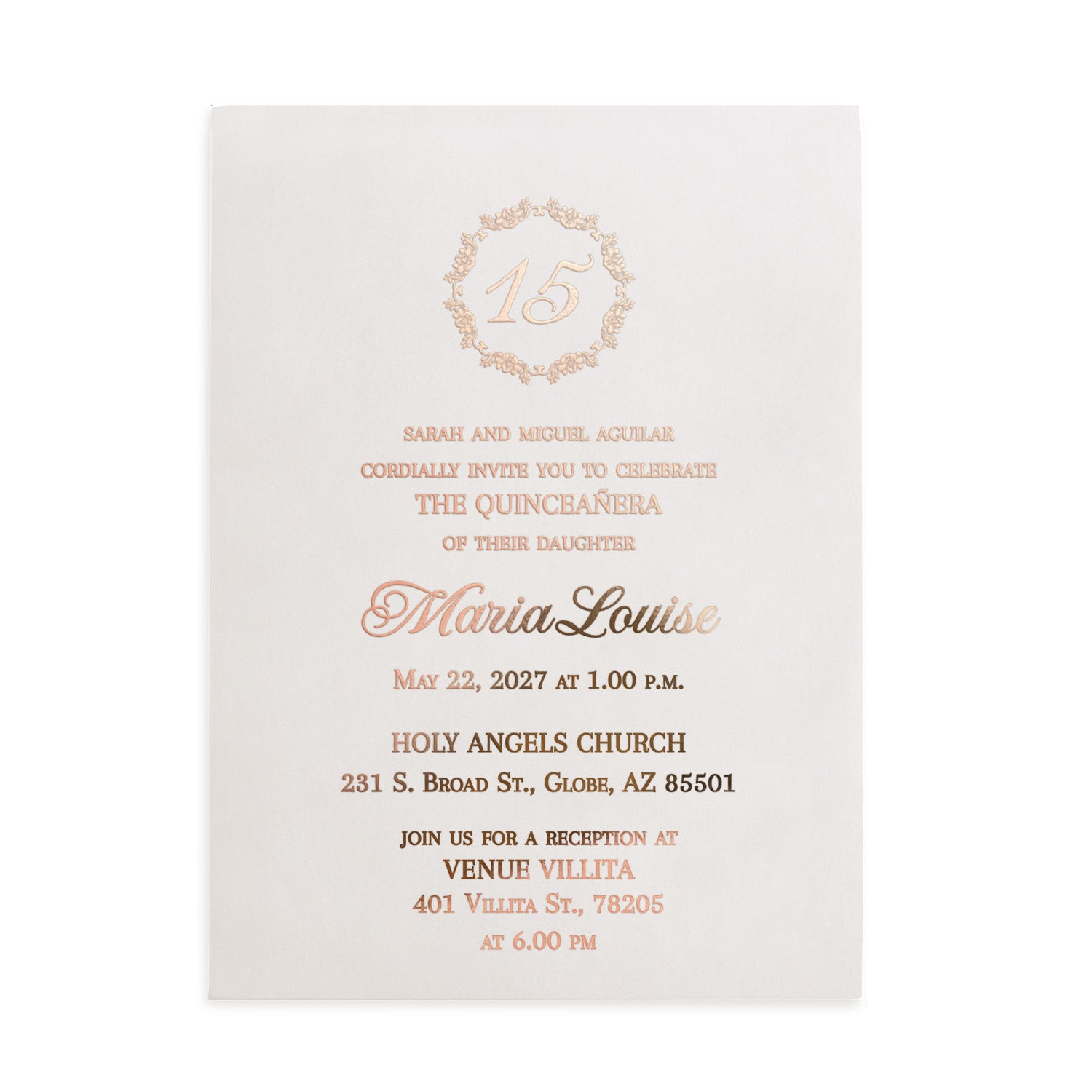 XOXOKristen rose gold quinceañera invitation made of smooth vellum paper, flat lay on neutral stone background with dried flowers for a romantic touch.