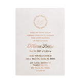XOXOKristen rose gold quinceañera invitation made of smooth vellum paper, flat lay on neutral stone background with dried flowers for a romantic touch.