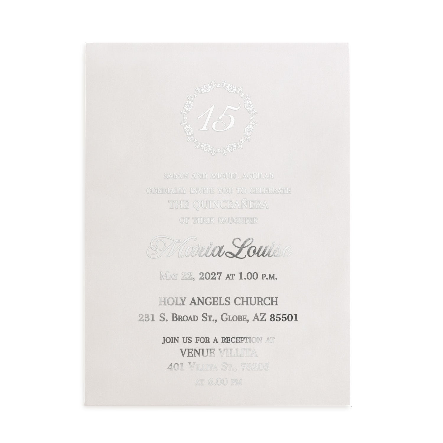 XOXOKristen translucent vellum invitation card with silver foil lettering for quinceañera, styled with soft shadows and floral decor for modern minimalist aesthetic.