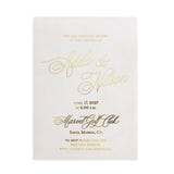 Minimalist vellum invitation with bold calligraphy “You are cordially invited”, printed in metallic gold foil on translucent paper, photographed on neutral background – XOXOKriste