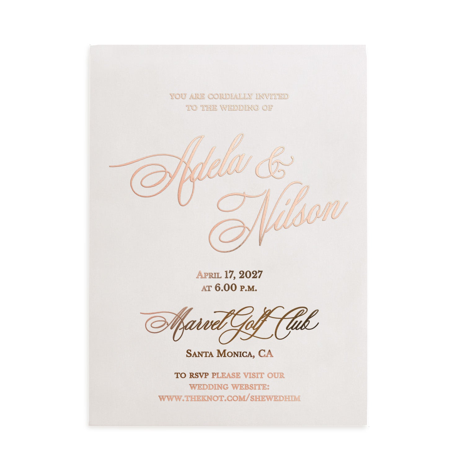 Modern vellum invitation printed in reflective rose gold foil with graceful calligraphy announcing the wedding and RSVP link, minimalist layout – XOXOKristen.