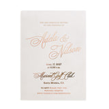 Modern vellum invitation printed in reflective rose gold foil with graceful calligraphy announcing the wedding and RSVP link, minimalist layout – XOXOKristen.