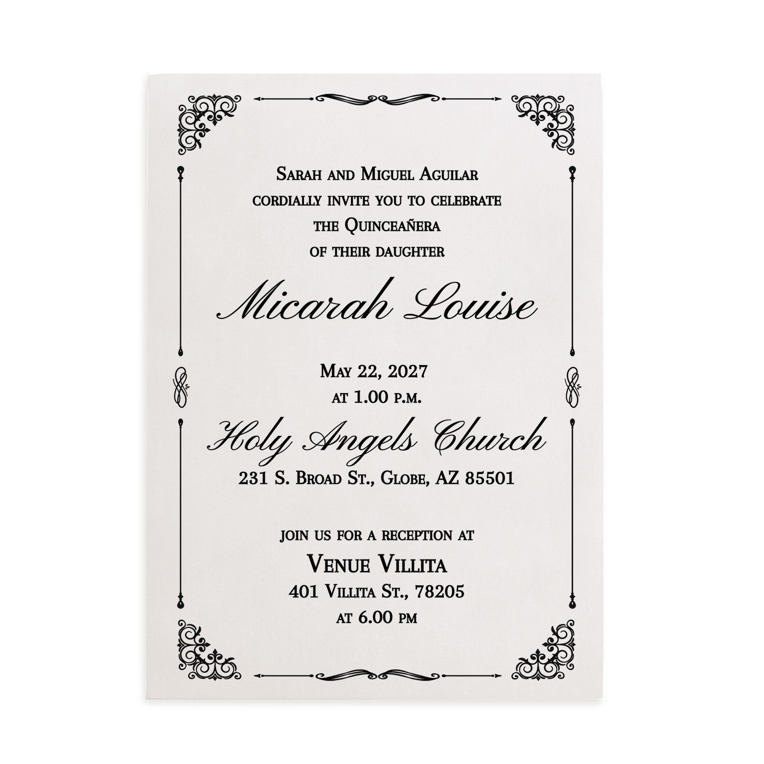 Elegant vellum quinceañera invitation for a 15th birthday celebration, featuring black print with ornate corner flourishes and formal typography on translucent frosted paper – XOXOKristen