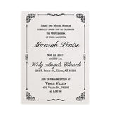 Elegant vellum quinceañera invitation for a 15th birthday celebration, featuring black print with ornate corner flourishes and formal typography on translucent frosted paper – XOXOKristen