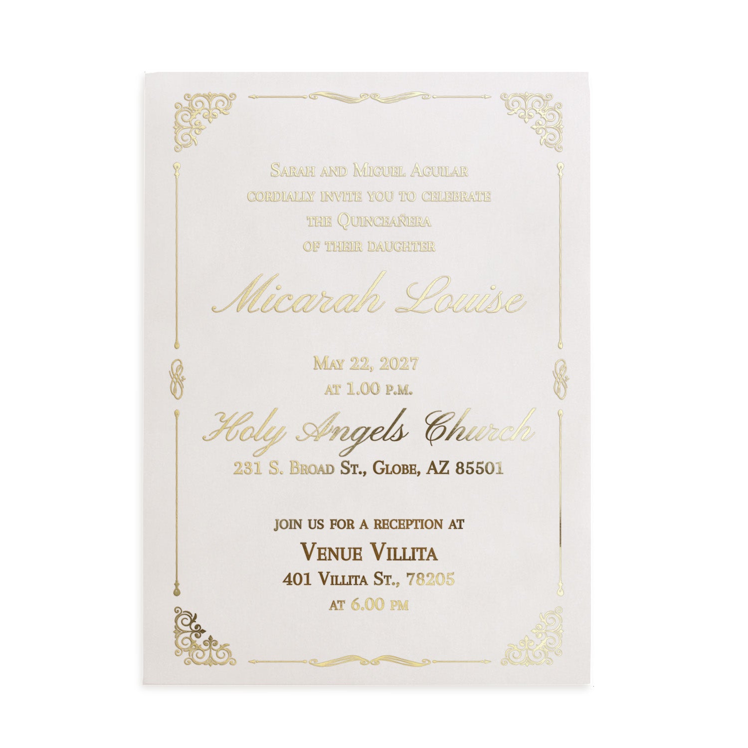 Vellum quinceañera invitation for 15th birthday with metallic gold foil lettering, floral corner details, and classic fonts on frosted translucent vellum for a luxury finish – XOXOKristen