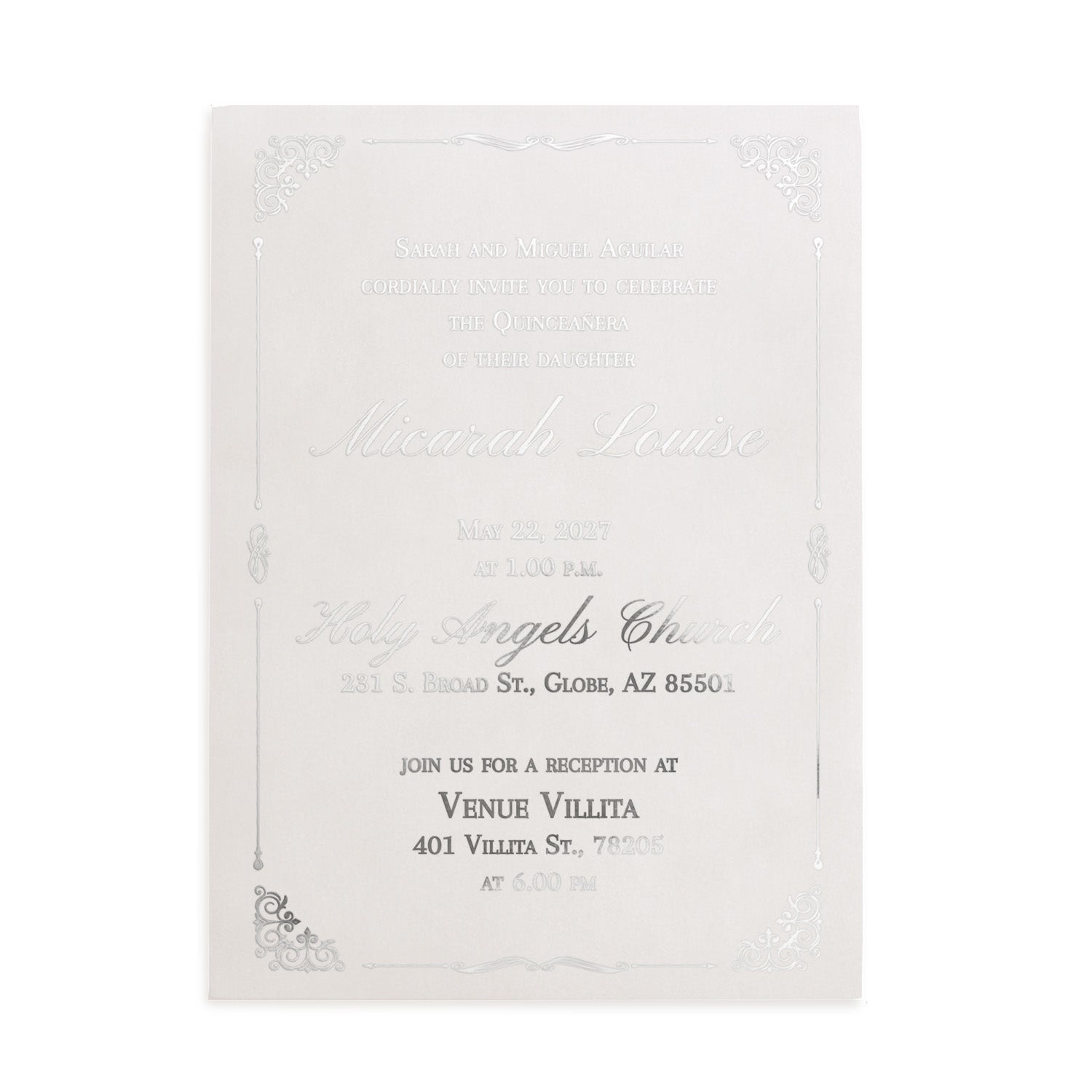Quinceañera invitation for 15th birthday printed in silver foil with ornate corner design on translucent vellum paper, ideal for luxury and classic quince stationery – XOXOKristen