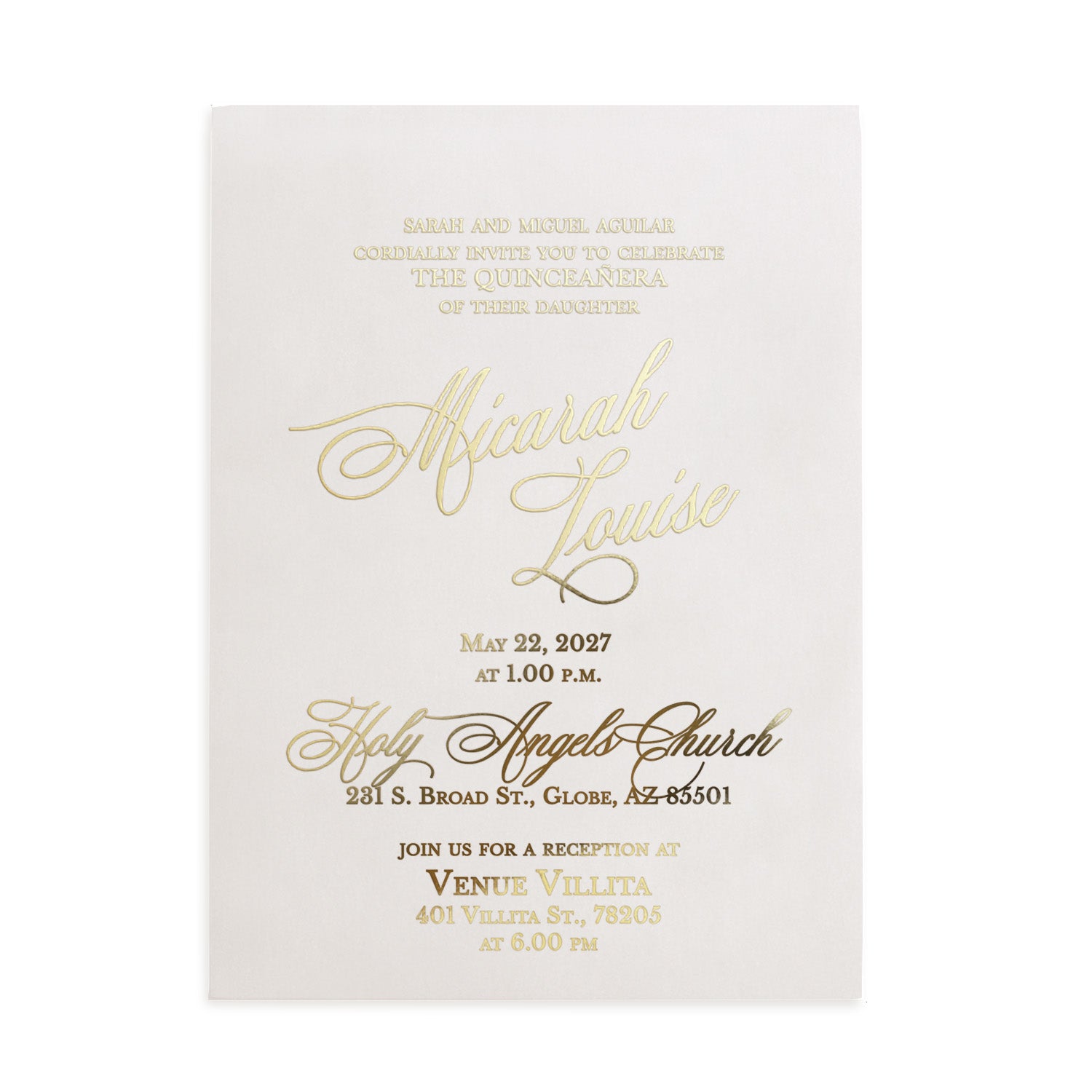 XOXOKristen gold foil Quinceañera invitation on frosted acrylic, photographed beside soft dried flowers and natural stones under warm sunlight, showcasing luxury design for personalized 15th birthday parties – XOXOKristen.