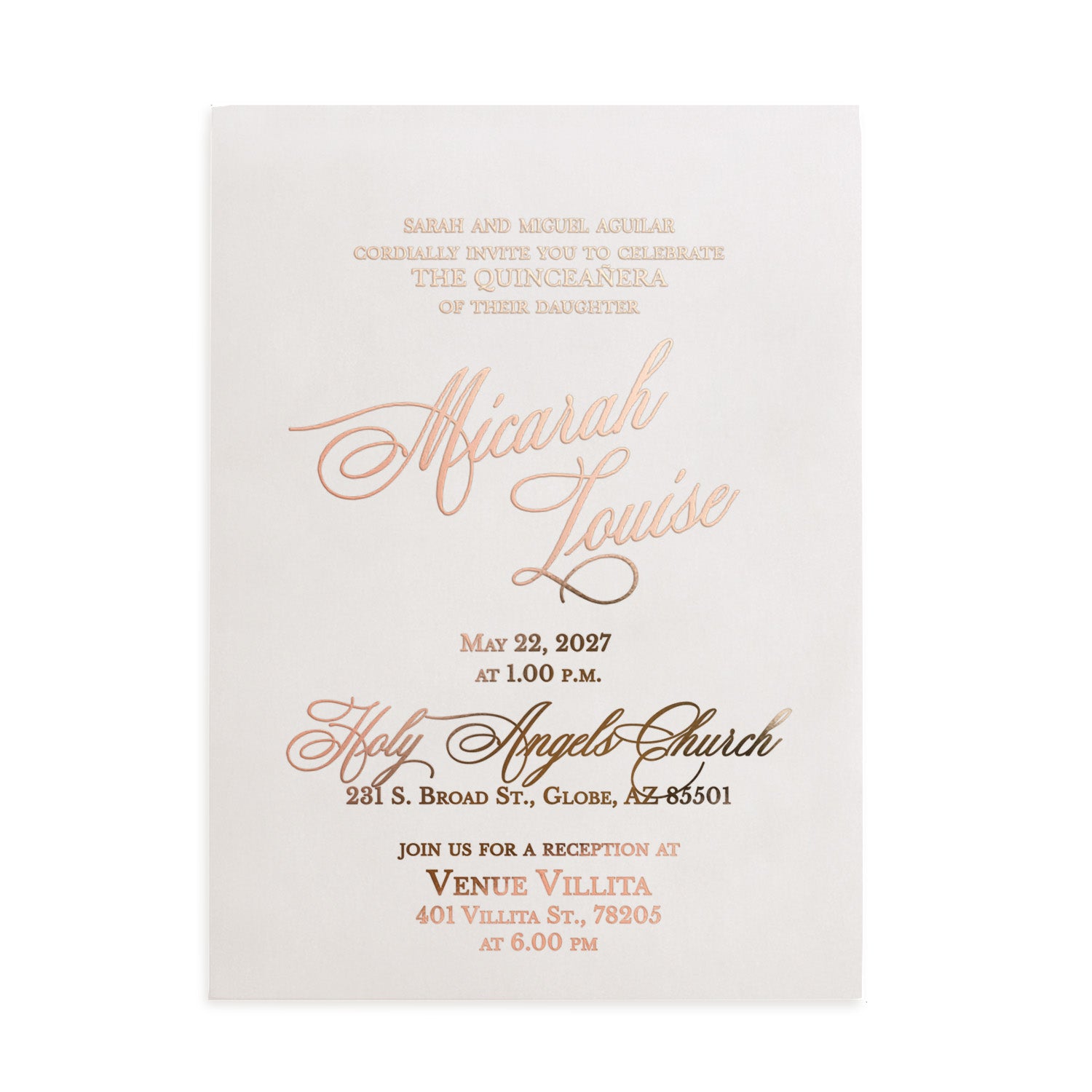 XOXOKristen translucent acrylic Quinceañera invitation with shimmering rose gold foil lettering, placed on textured beige stone with dried florals and natural light shadows, perfect for a modern 15th birthday – XOXOKristen.
