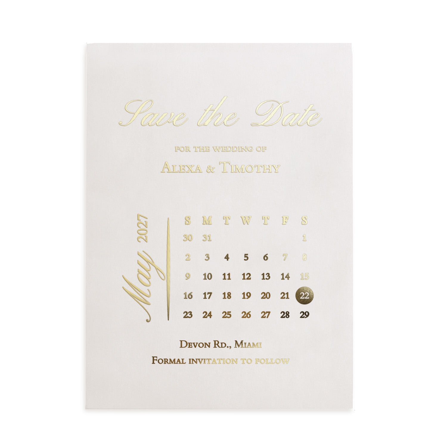 Gold-foiled “Save the Date” wedding card with elegant calendar design and luxurious script typography, printed on translucent vellum – XOXOKristen