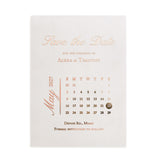 Rose-gold foiled “Save the Date” wedding card with modern serif type and clean minimalist layout on premium vellum card – XOXOKristen